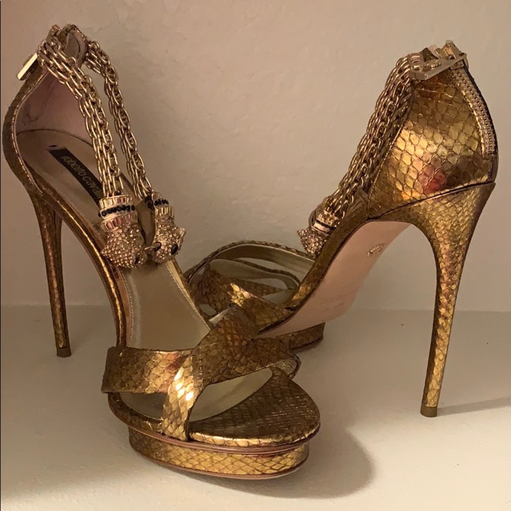 Roberto Cavalli Gold panther heels.